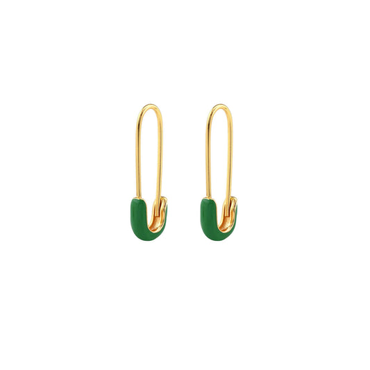 Safety Pin Enamel Hoop Earrings 18K Gold Vermeil  22mm Length Hoops Multiple Colors Nickel Free Hypoallergenic Ships from CA: Green