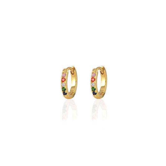 Rainbow Crystal 12mm Huggie Hoop Earrings 18K Gold Vermeil | Sterling Silver Colored CZ Crystals 12mm Hoops Hinge Closure Nickel Free Hypoallergenic Ships from CA: 18K Gold Vermeil