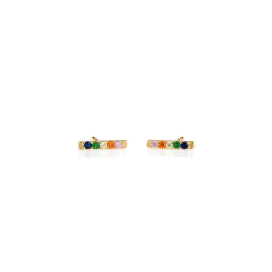 Rainbow Bar Dash Crystal Stud Earrings 18K Gold Vermeil | Sterling Silver Multi Colored CZ Crystals Nickel Free Hypoallergenic Ships from CA: 18K Gold Vermeil