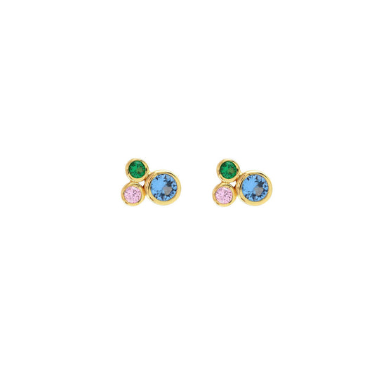 Modernist Stud Earrings 18K Gold Vermeil Sapphire, Emerald Green and Pink Topaz CZ Crystal Cluster Nickel Free Hypoallergenic Ships from CA